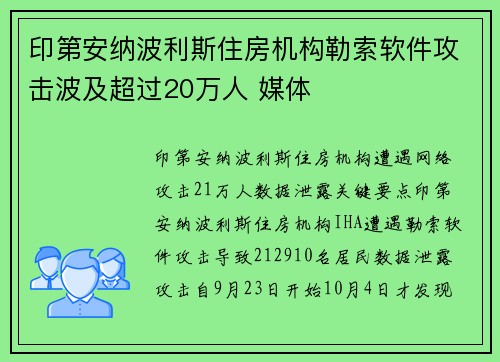 印第安纳波利斯住房机构勒索软件攻击波及超过20万人 媒体